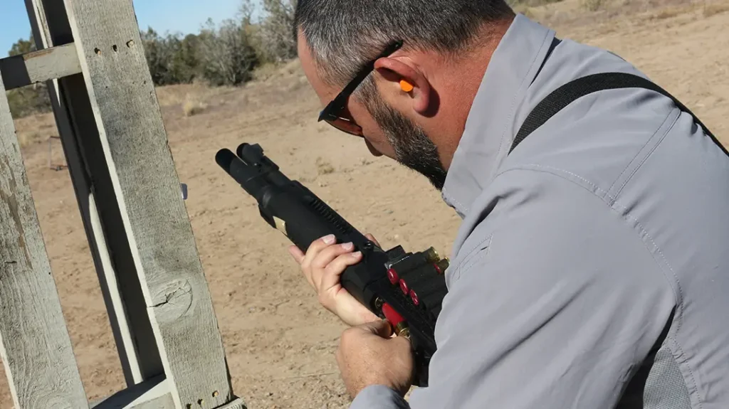 Feeding it is easier than ever, thanks to the onboard, removable shell caddy used ad nauseam in the Gunsite Team Tactics Defensive Shotgun training course.