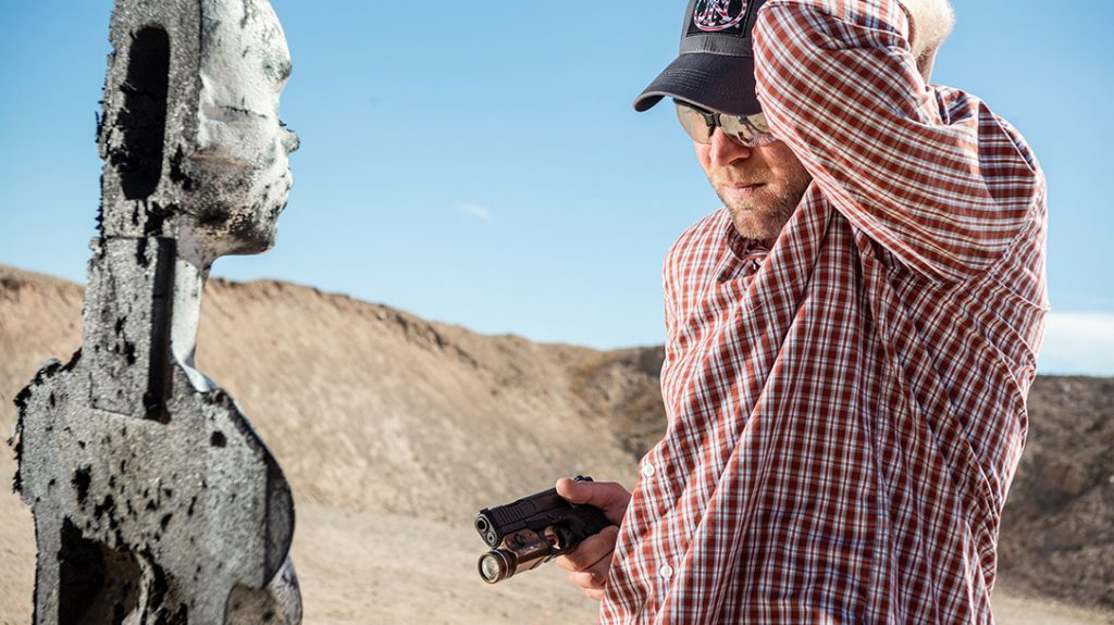 A shove-and-shoot technique can be effective in certain close quarters self-defense situations. The key to success is explosive movement.