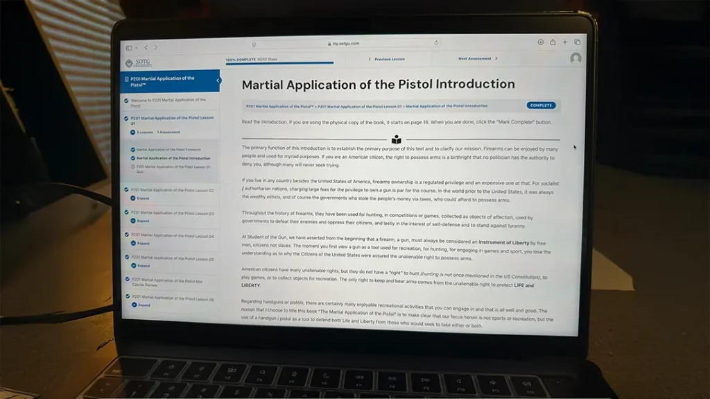 The Student of the Gun P201 Martial Application of the Pistol Home Study Course is broken down into eleven lessons.