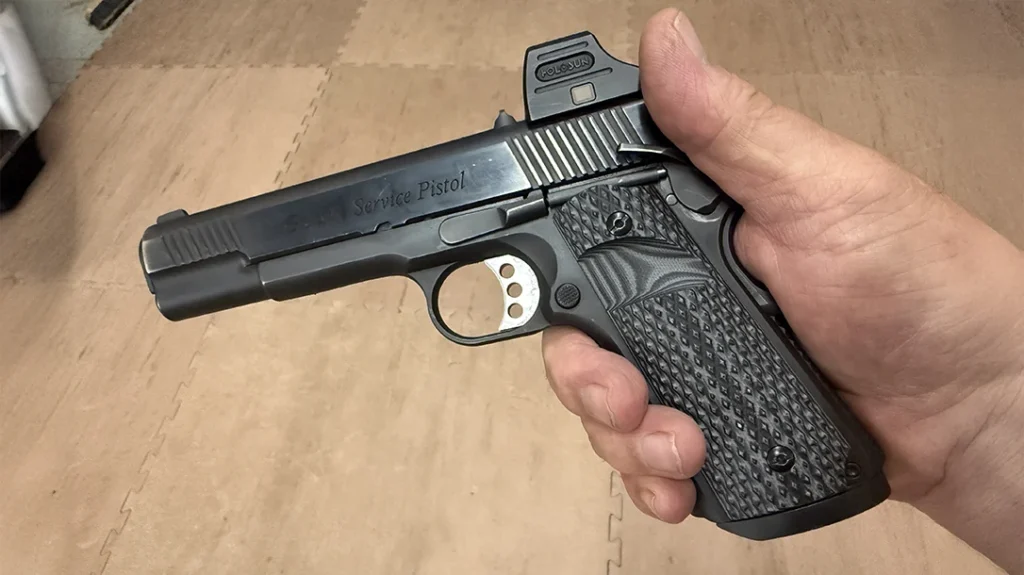 This is the typical thumb position on a 1911 and is important to practice when transitioning to the platform.