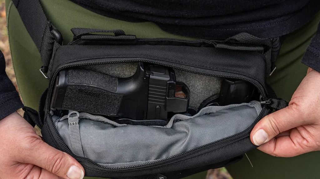When choosing a concealed carry pistol, if you’re going to carry it in a shoulder holster, purse, or fanny pack, you can get away with a larger gun.