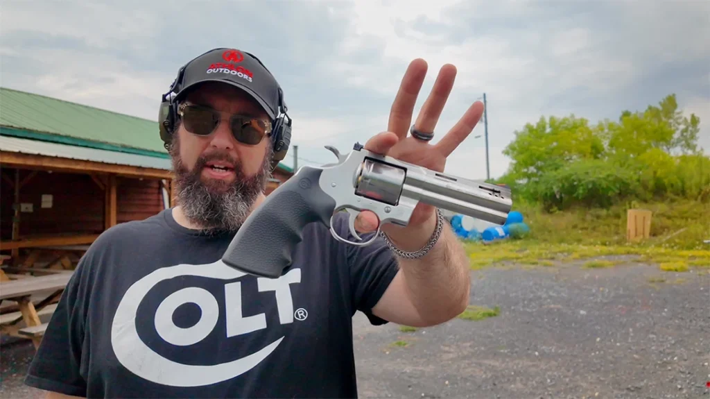For the video, I ran it with a Colt Grizzly. This is a gorgeous .357 Magnum revolver with a 4-inch ported barrel.