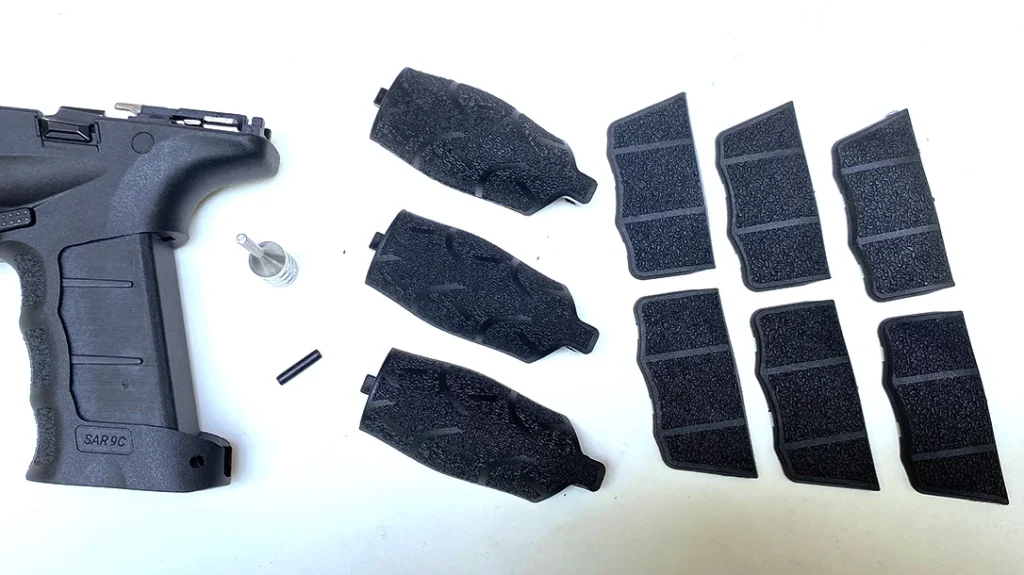 A collection of small, medium, and large grip side panels and backstraps allows users to customize the grip further.