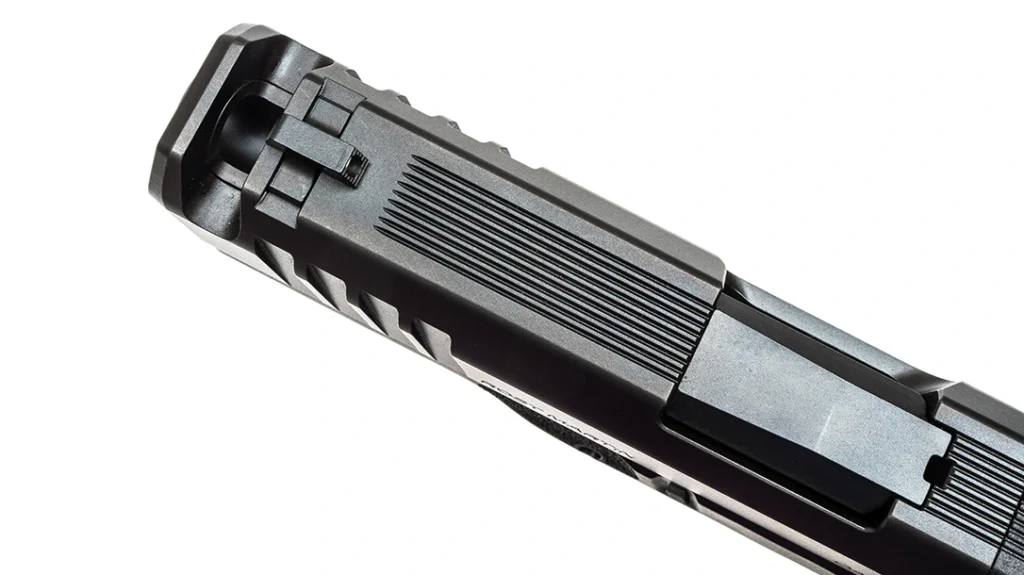 Full-length serrations along the top of the slide add a nice touch for more visual appeal and help mitigate glare.