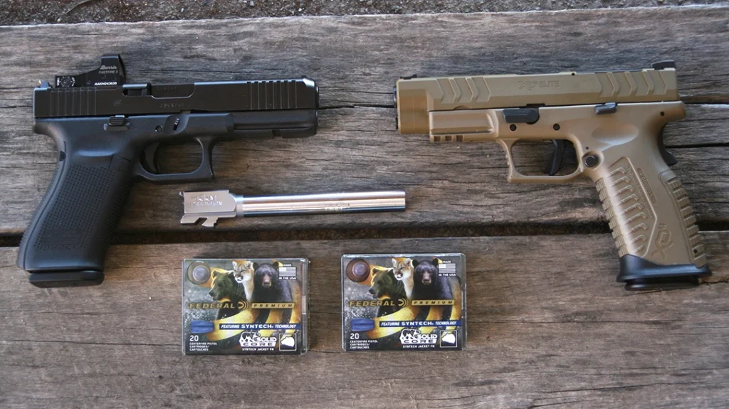 Since the author had a 6-inch KKM match barrel in the carrying case of the Glock, he switched barrels to see how velocities may vary.