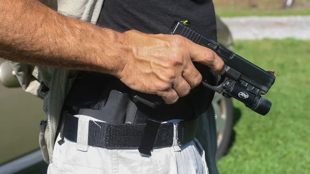 Black Mamba hybrid-style IWB holster from Concealment Solutions gives comfort and concealment with even full-sized Glock with SureFire WML.