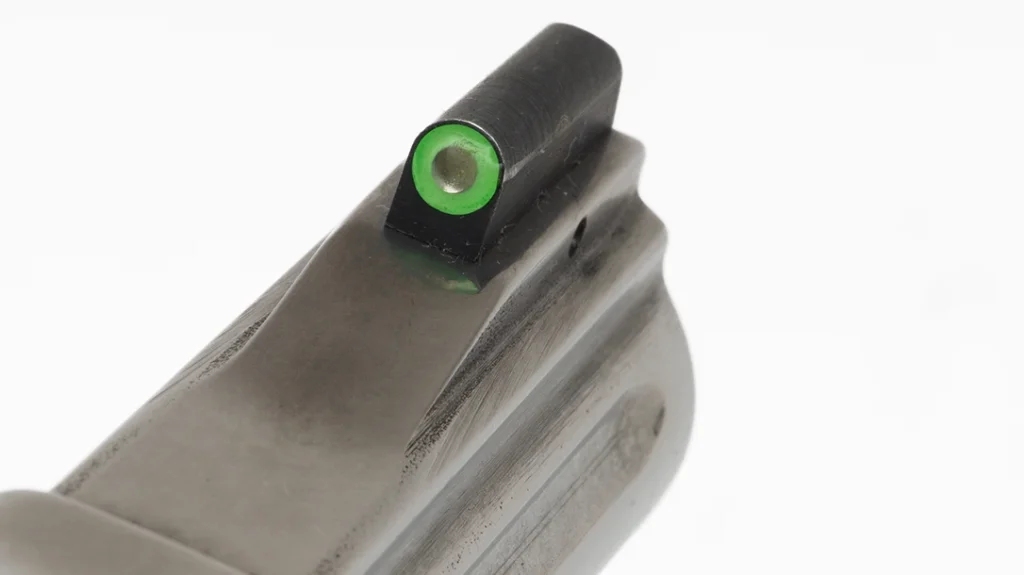 It wears a set of effective sights, including a high-visibility XS front sight with a tritium insert and a dovetailed, blacked-out rear sight where you often just get a sight groove instead.